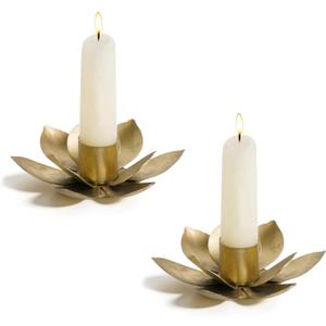 NIKKY HOME Gold Lotus Taper Candle Holders Set of 1, Vintage Elegant Flower Shaped Metal Candlestick Stand for Table Centerpieces, Wedding Decor and Dinner Party