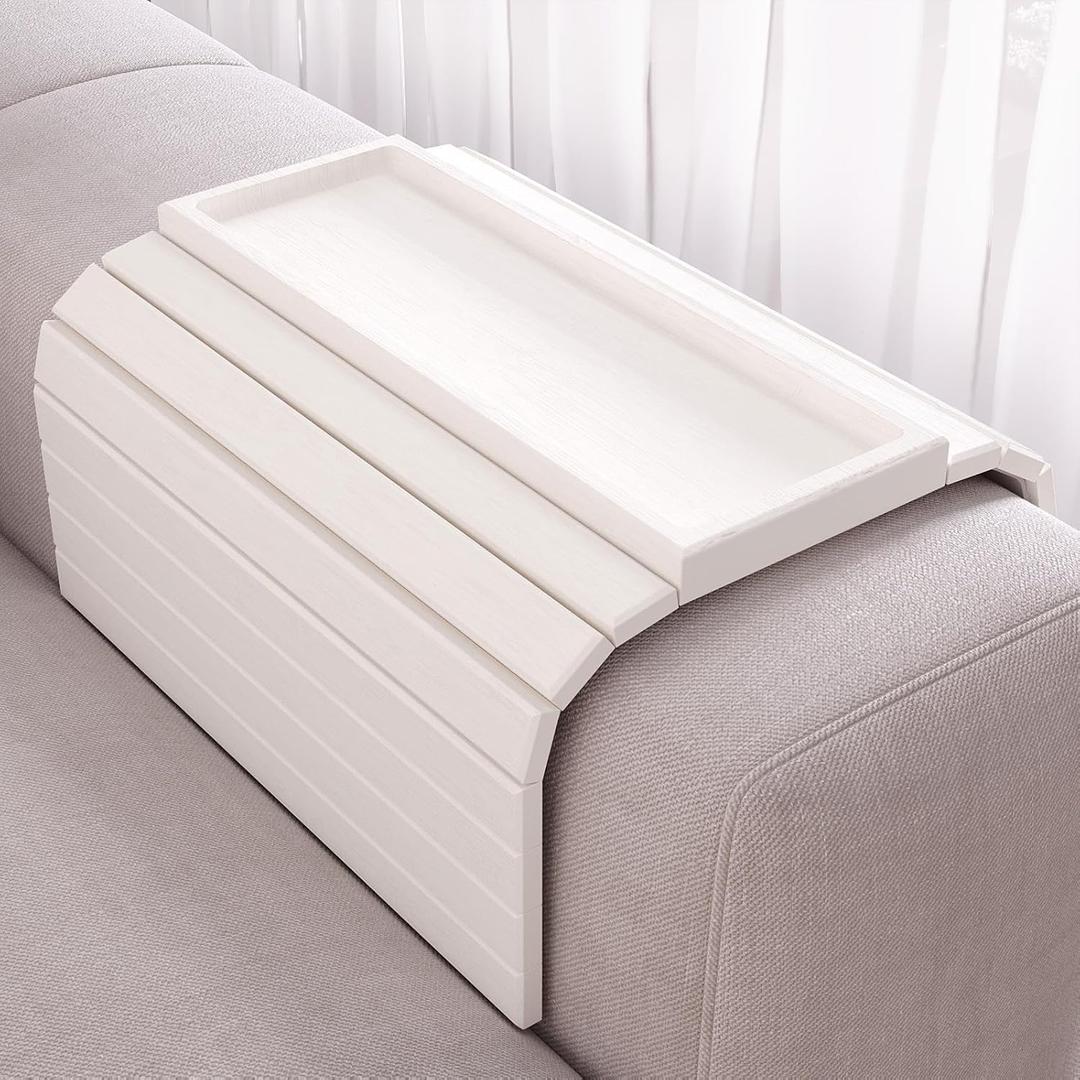 Sofa Arm Tray,Bamboo Folding Couch Arm Tray,Sofa Armrest Trays with Anti-Slip Pad for Drinks,Snacks,Phone,Remote ControlWhite
