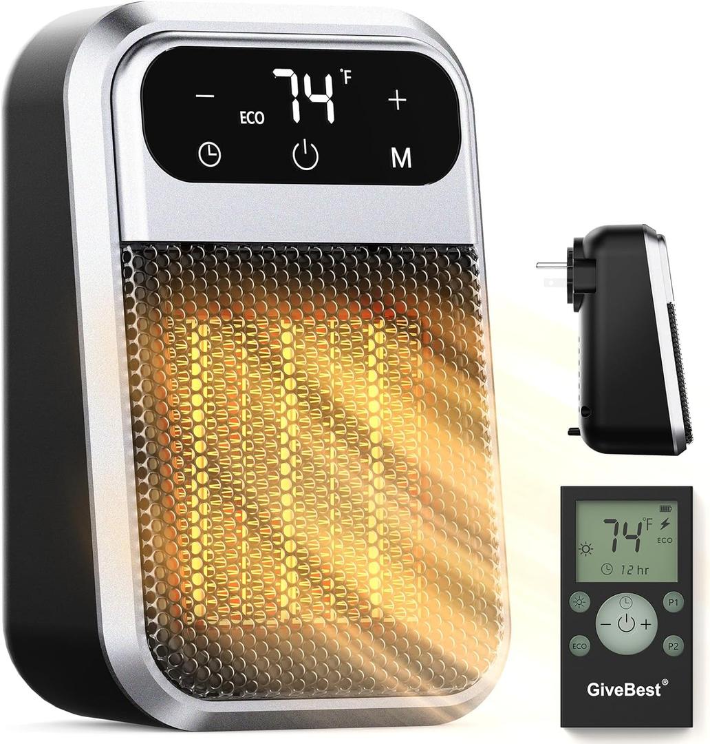 GiveBest Small Plug In Heater, Digital Display Bathroom Heaters for Indoor Use, 800W Ceramic Portable Electric Mini Heat with Adjustable Thermostat and 12h Timer,ECO mode save energy for Office Home (Remote)