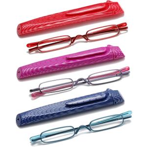 Pocket Reading Glasses with Pen Clip Case - Slim Mini Compact Readers Portable Spring Hinge Eyeglasses (Red, Purple, Blue, +1.75)