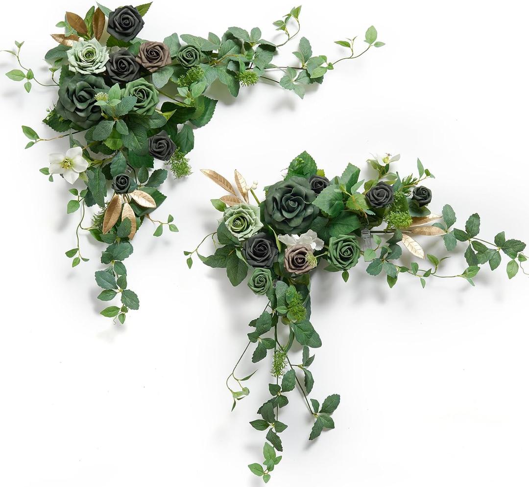 Ling's moment 2PCS Emerald & Gold Artificial Flower Garland Floral Swags Table Centerpieces Wedding Arch Flowers Decoration Green Rose Greenery Arrangements for Sweetheart/Head Table Decor