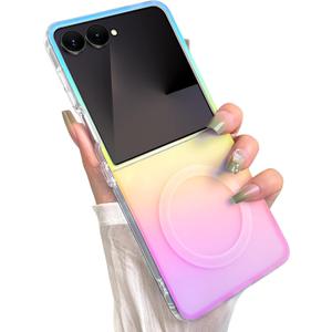 Cute Case for Samsung Galaxy Z Flip 7 Case for Women Girls [Compatible with Magsafe] Glitter Sparkly Girly Aesthetic Rainbow Magnetic Protective Cover, Translucent Iridescent Blue & Pink