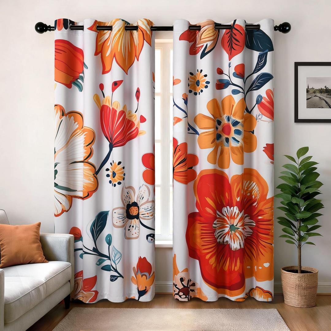 XWZO Boho Blackout Floral Curtains for Bedroom, Mid Century Botanical Printed Curtains Flower Patterned Vintage Black Out Curtain 84 Inches Long 2 Panels for Living Room Grommet Top Bohemian Decor