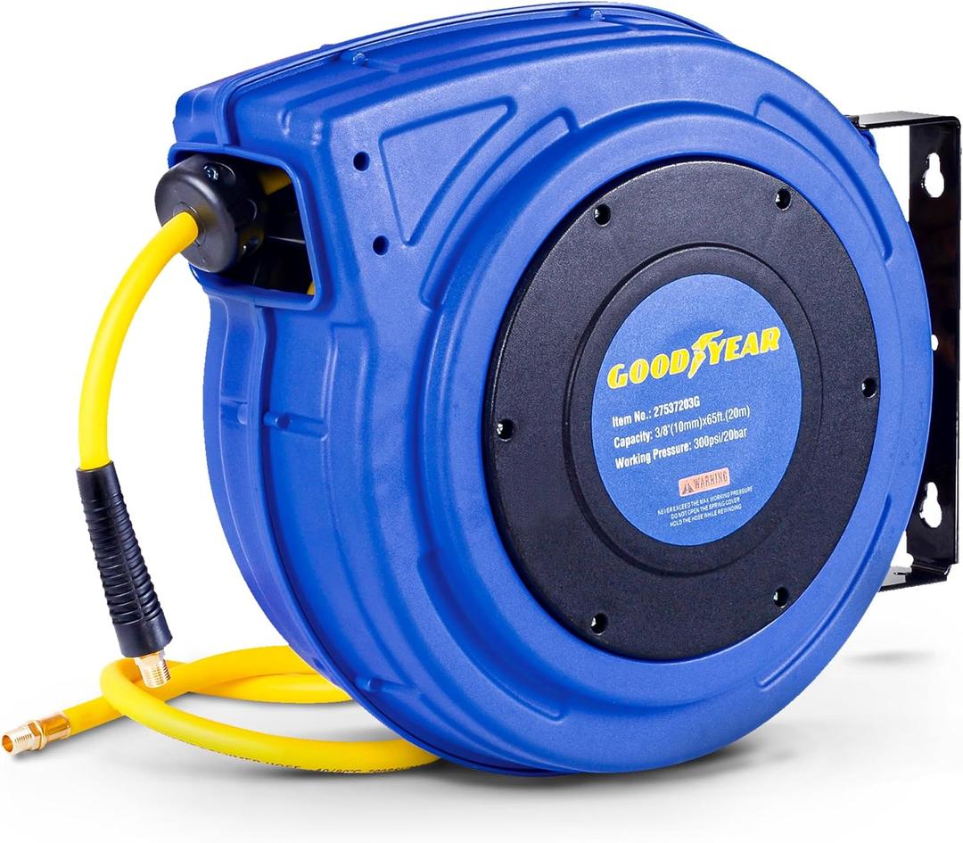 Goodyear Air Hose Reel Retractable 3/8" Inch x 65' Feet Premium Commercial Flex Hybrid Polymer Hose Max 300 Psi Heavy Duty Spring Driven Polypropylene Construction w/Lead-in Hose and PVC Handle (Blue)
