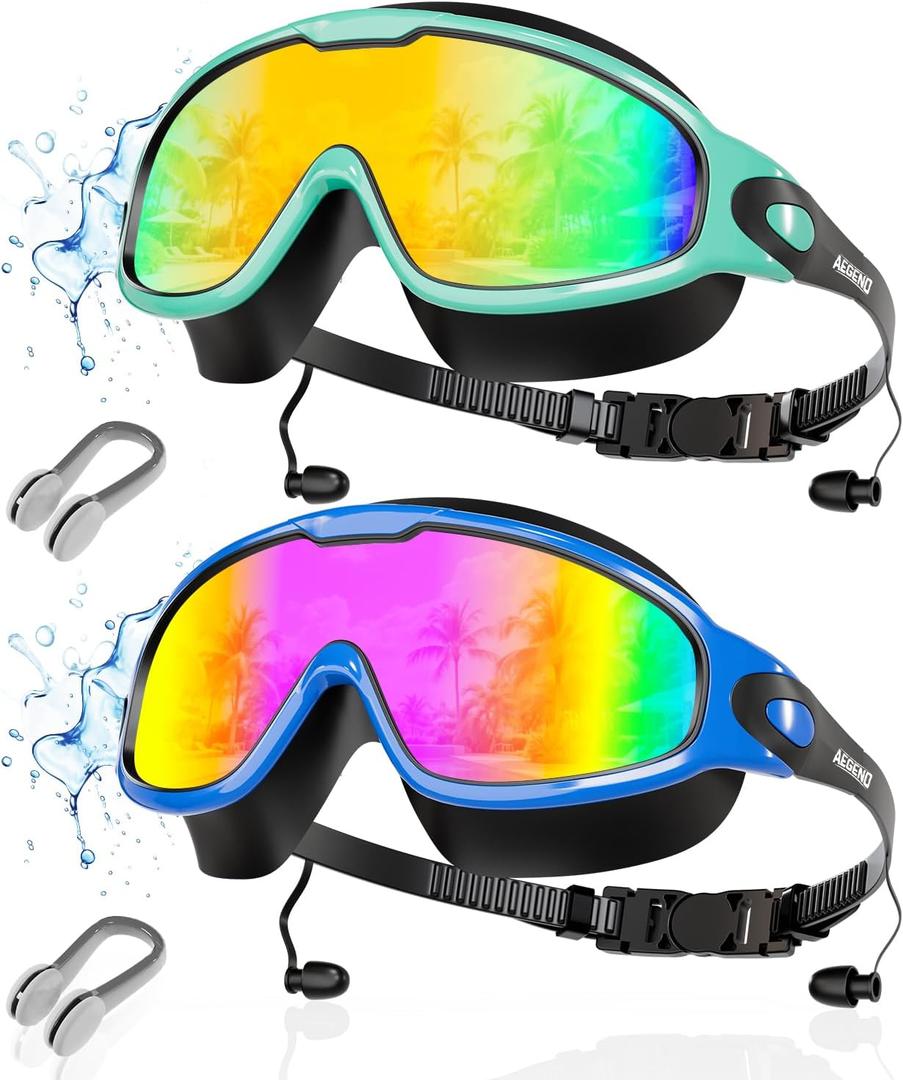 Aegend New Adult Wide View Swim Goggles, Anti-Fog/UV No Leak Swimming Goggles with Ear Plugs for Men & Women (Blue Bright Rose & Green Aqua)