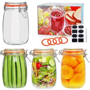 Encheng 32 oz Wide Mouth Mason Jars with Airtight Hinged Lids, Large Glass Jar with Lid for Pickling, Fermentation, Canning, Food Storage Set of 4 Glass Storage Containers, 32oz-1000ml-4pack