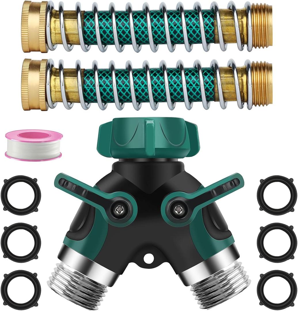 Hose Splitter 2 Way, 3/4" Garden Water Hose Splitter with Comfort Rubber Long Handle, Faucet Splitter, Y Heavy Duty Metal Connector with 2 Kink Free Faucet Extension Hose Protector