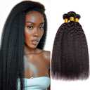 Kinky Straight Bundles Human Hair 26 28 30 Inch Yaki Bundle Natural Black Light Yaki Human Hair Bundles Double Weft Hair Weave Unprocessed Brazilian Remy Hair Extensions