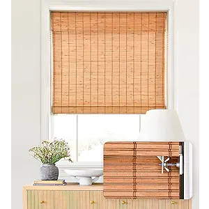 No Drill Cordless Bamboo Roman Shades, Light Filtering Blinds for Indoor Windows, Roll Up Bamboo Blinds for Home, 29" W x 64" H, Star-Grey
