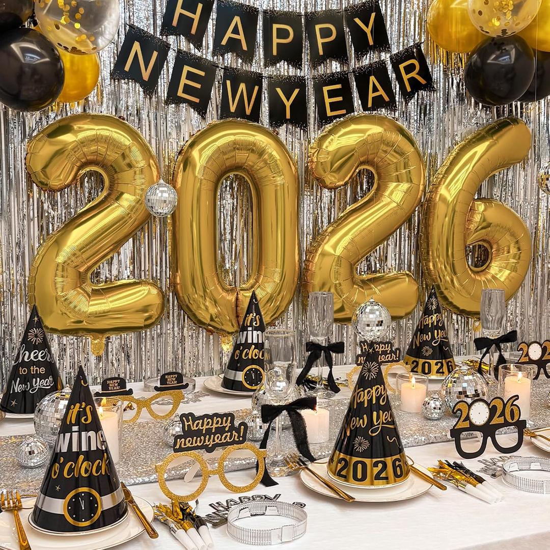 New Years Eve Party Supplies 2026 - Happy New Year Decorations Kit - Set of 50 Includes Banner, Hats, Ribbon, Glasses,Tiaras, Balloons, Squawkers and Fringe Curtains - Accessories for Kids Party Decor
