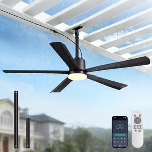 Netin 52" Outdoor Ceiling Fan with Light, IP65 Waterproof Black Gazebo Fan, Plug in Hanging Ceiling Fan, 3CCT Dimmable, 6 Speeds Outdoor Fan with Remote & APP Control for Patio, Pergola, Porch
