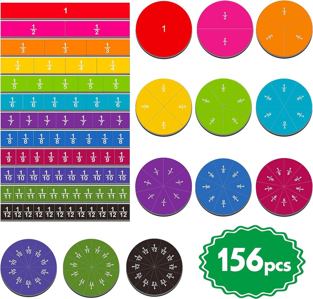156 PCS Magnetic Fraction Tiles Circles, Educational Math Learning Manipulatives Set for Preschool Elementary School. (Multi Color)