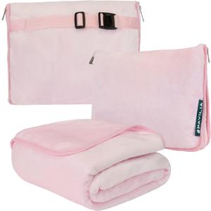 PAVILIA Travel Blanket Pillow, Soft Airplane Blanket 2-in-1 Combo Set, Plane Blanket Compact Packable, Flight Essentials Car Pillow, Travelers Gifts Accessories, Luggage Backpack Strap, 60x43 Pink