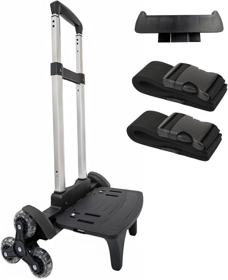 Lightweight Foldable Backpack Trolley  Black 3-Wheel Rolling Hand Truck with Strap, Portable Folding Cart for Backpack, Travel, Commuting, and Daily Utility Use