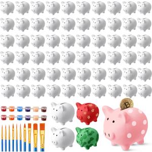 48 Pcs DIY Ceramic Piggy Banks Pig Coin Banks Unglazed White for Boys Girls with 2 Paint Strips 10 Brushes Money Birthday Home Festival Fun Activities Gift