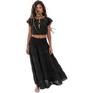 Thaluta Women's Maxi Boho Skirt Moana Flowy Long Cotton Skirt Bohemian Style (Black)