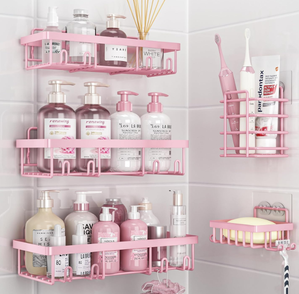 Liuoud 5 Pack Shower Caddy Organizer Rack Shelf for Inside Shower, Adhesive Bathroom Wall Storage Basket Rustproof Stainless Steel Shampoo Holder, Girly Bathroom Accessory Decor Set, Pink
