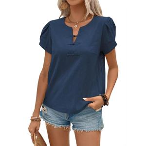 Summer Tunic Tops for Women Blouses Dressy Casual Cute Summer Tops 2025 Trendy V Neck Short Sleeve T Shirts Navy Blue Petal Sleeve Shirts Button-Up Spring Cotton Vacation Fall Tulip Beach M