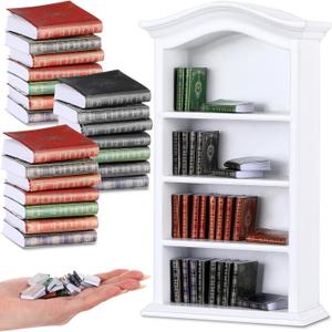 Poen 27 Pcs 1: 12 Scale Miniatures Dollhouse Books and a Wooden Bookcase 4 Floors Dollhouse Bookshelf Decoration Accessories for House Bedroom, White