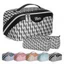 Travel Makeup Bag Cosmetic Case: Cosmetic Bag Set of 3 - Vegan Leather Make up Bag Organizer - Portable Toiletry Bags with Compartments & Handle (02-Black)