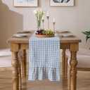 13" x 72" Plaid Gingham Ruffle Table Runner, Dusty Blue Cotton Checkered Table Runner for Farmhouse, Party, Kitchen Decor