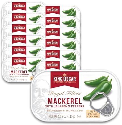 King Oscar Mackerel in Olive Oil with Jalapeño Peppers, 4.05 Ounce Cans (Pack of 12), Skinless & Boneless, Wild Caught Canned Mackerel Exp. 12/09/2030
