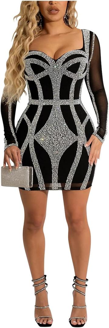 Sexy Rhinestone Crystal Mesh Patchwork Sheer Bodycon Dress Womens See-Through Birthday Clubwear Dresses (Black, XXL)