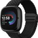 Braided Magnetic Bands Compatible with Fitbit Versa 4/Fitbit Versa 3/Sense 2/Sense 1,Soft Stretchy Elastic Nylon Sport Loop Strap for Women Men (Black)