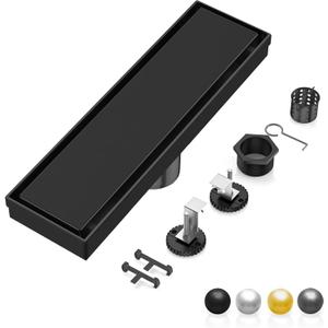 DLONE Linear Shower Drain | 12" AISI 304 Stainless Steel Linear Drain, Matte Black Shower Drain with Tile Insert Panel & Adjustable Feet, Long Rectangle Shower Floor Drain in Bathroom, Balcony, etc