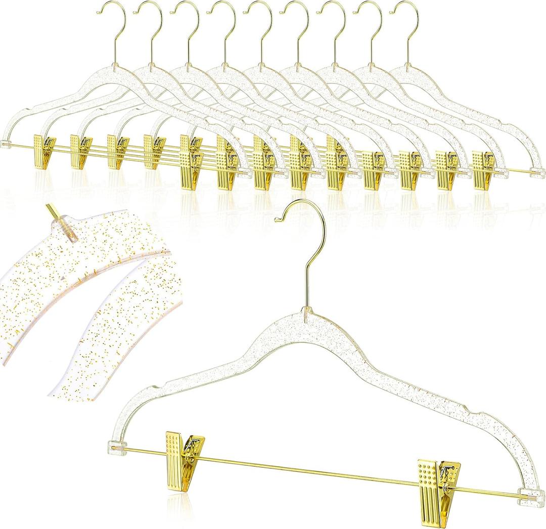 10pcs Clear Gold Hangers with Clips,17" x 8"Acrylic Glitter Hangers with Non Slip,Plastic Skirt Pants Storage and Organizer for Clothes,Trousers,Skirt,Jeans