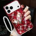 Changjia for iPhone 17 Pro Max Glitter Bling Case,Cute Luxury 3D Sparkle Heart Crystal Rhinestone Diamond Shiny Gemstones with Lanyard Wrist Strap Women Girls Phone Case for iPhone 17 Pro Max 6.9",Red