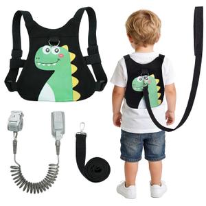 Toddler Harness Leash Anti Lost, 3 in 1 Baby Safety Wrist Link Belt with Dinosaur Pattern, Adjustable Kids Walking Strap for Boys Girls, Prevent Falling Travel Essentials (Black)