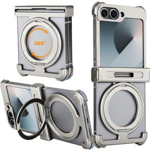 Metal Frameless for Samsung Galaxy Z Flip 6 Case with Mag Safe Ring Stand Holder 360Rotatable Minimalist Slim Hard Shockproof Bumper Thin Cover for Zflip 6 Phone Cases with Magnetic Kickstand (Natural)