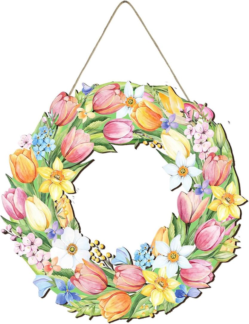 Tulip Wreath for Front Door 12'' Wooden Spring Door Sign,Rustic Floral Spring Front Door Decor for Easter Home Porch Wall Windows