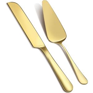 2Pcs Wedding Cake Knife and Server Set, Premium Cake Cutter includes 10.63" Cake Knife and 9.25" Pie Server, Stainless Steel Cake cutting set for Wedding, Birthday, Anniversary, Gold