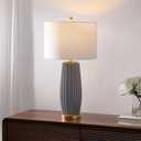 JONATHAN Y 28.5" Gray Modern Ceramic Table Lamp for Living Room Bedroom, Fluted Bedside Nightstand Lamp with White Linen Shade, Gold Base, LED Bulb Included (JYL5045B)