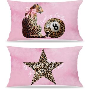 Trendy Pink Cheetah Print Pillow Covers 18x18, Cheetah Print Room Decor, Preppy Leopard Lucky 8 Ball Star Decorative Throw Pillow Covers for Girls Bedroom Living Room Home, Set of 2