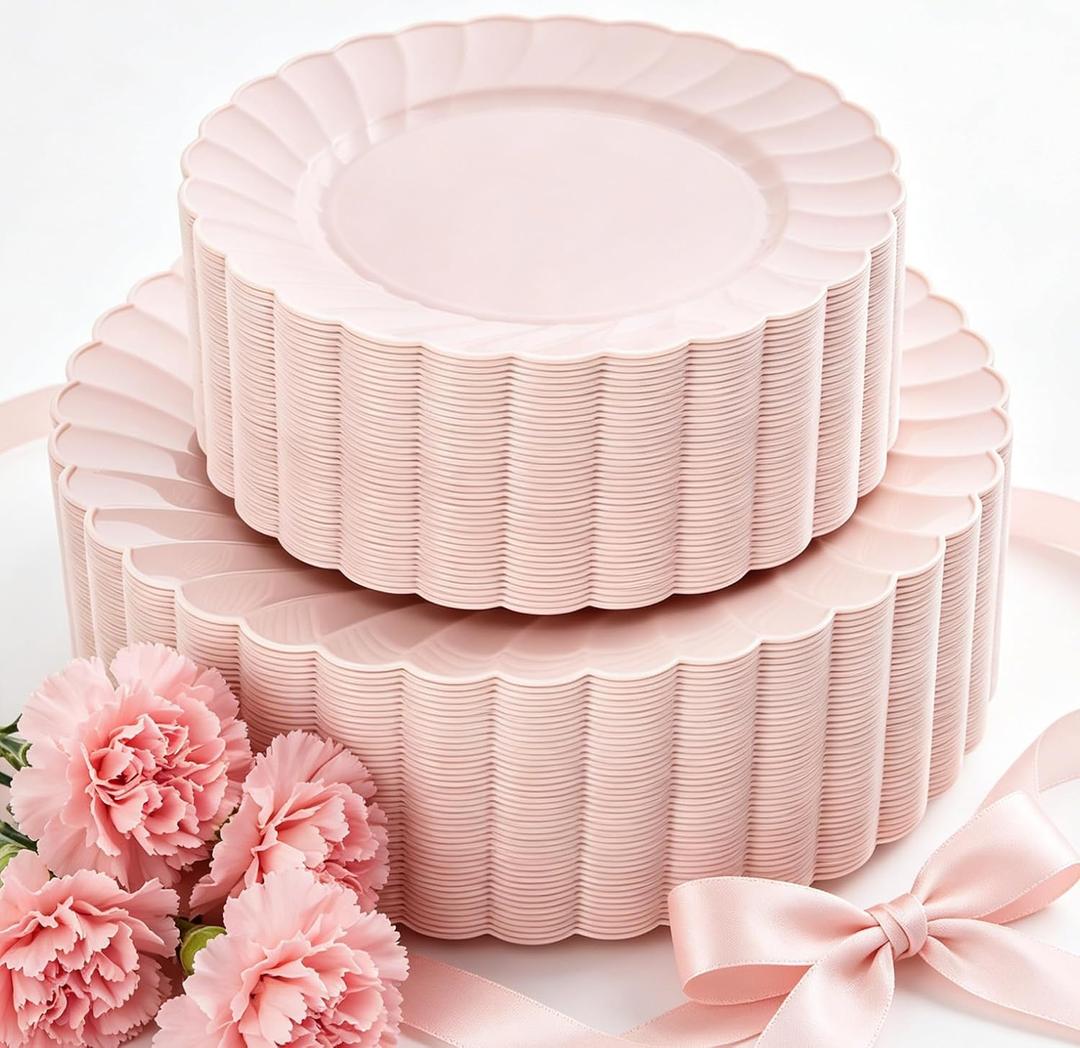YOUBET 100PCS Pink Scalloped Plastic Plates - Heavy Duty Pink Disposable Fancy Hard Plates Include 50 Dinner Plate, 50 Dessert Plate, for Wedding & Party Easter Mothers Day