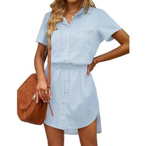luvamia Women Casual Denim Dress Short Sleeve Tie Waist Classic Jean Shirt Dress (Medium, Mist Blue)