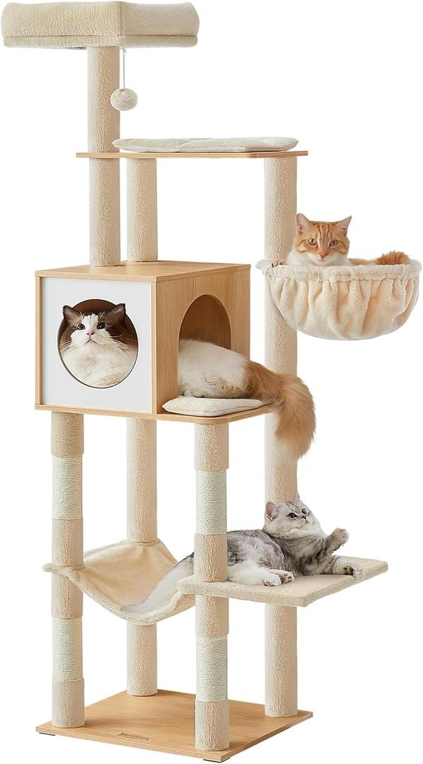 Feandrea Cat Tree, 65-Inch Tall Cat Tower, Multi-Level Cat Condo with Cave, Basket, Hammock, Pompom, Scratching Posts, Almond Yellow UPCT118Y01