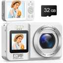 Digital Camera, 4K 64MP UHD Dual Screens Camera, 18X Digital Zoom, Portable Point and Shoot Camera with 32GB TF Card & Battery, Rechargeable Small Camera for Kids Teens Adult Beginner, White