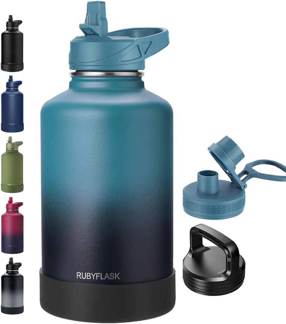 RUBYFLASK 64oz Insulated Water Bottle with Straw, Half Gallon Stainless Steel Vacuum Water Jug, Large Thermal Water Bottle Flask with Leakproof 3 Lids for Travel, Camping, Gym Sports Indigo Black