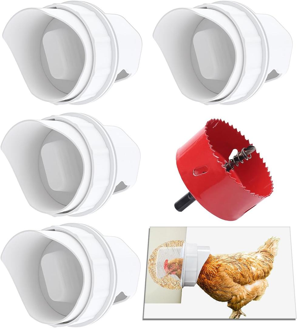 DIY Chicken Feeder Rain Proof Poultry Feeder Port Gravity Feed Kit for Buckets, Barrels, Bins, Troughs (4 port with holesaw)