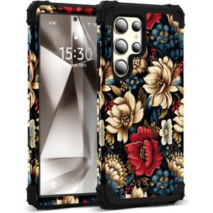 for Galaxy S23 Ultra Case,3 in 1 Floral Pattern Heavy Duty Shockproof Protection Soft Silicone Rubber Bumper+Hard Plastic Protective Cover for Samsung Galaxy S23 Ultra 6.8",Black Flower
