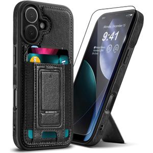for iPhone 17 Leather Case, Wallet Case with Card Holder (3 Cards) & Kickstand, Slim Protective Cover with Stand for iPhone 17 6.3"Black