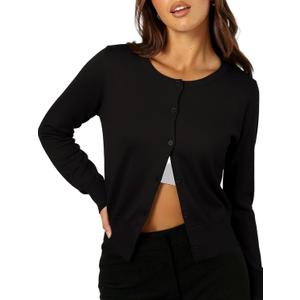 Berydress Cropped Cardigan Sweaters for Women 2026 Long Sleeve Crewneck Knit Button Up Trendy Lightweight Bolero Shrug (Large, Black)