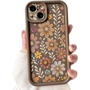 Lovmooful Compatible for iPhone 13 Case Aesthetic Cute Color Flower Floral Leaf Design for Girls Women Soft TPU Shockproof More Protective Girly for iPhone 13 Case-Brown