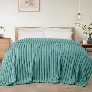 Exclusivo Mezcla Twin Size Flannel Fleece Blanket, Super Soft Striped Jacquard Bed Blanket, Lightweight Fuzzy Cozy for All Seasons, 60x80 Inches, Celadon