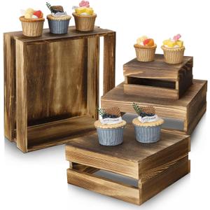 Sieral 4 Pieces Wood Cupcake Display Stand Decorative Dessert Appetizer Cake Stand Risers Wooden Crate Rustic Cake Risers for Decor Wooden Crate Style Storage Organizer for Party(Rustic Dark Brown)