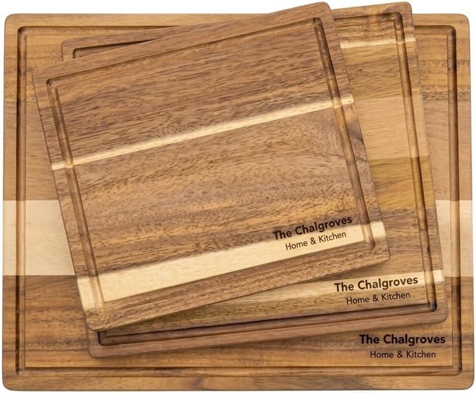 Indonesian Acacia Wood Cutting Board Set of 3 | Extra Thick 0.8 Wooden Chopping Boards with Deep Juice Grooves | FSC Certified | Warp-Resistant & Knife-Friendly | Large, Medium & Small
